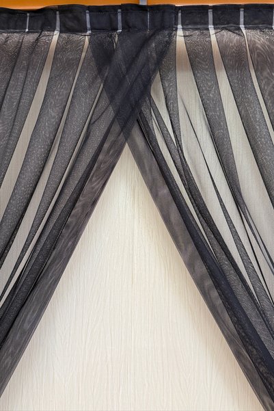Ta-Ha Perde ve Halı 1-2 Sparse Pleated Double Winged Double Breasted Tulle Curtain, Plain Black Tulle Curtain Without Pattern, Braçol Gift Included