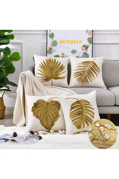 Snooe Waterproof Throw Pillow Covers Set of 4, Tropical Golden Palm Leaves De...