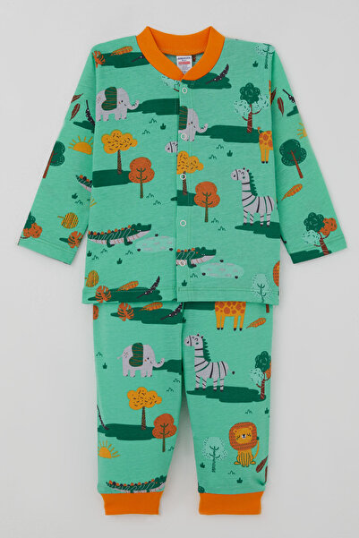 Breeze Baby Boy Pajama Set Safari Themed Cute Animals Patterned Front Snap Fa...