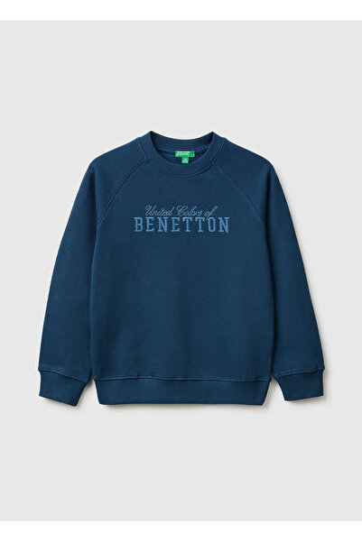 United Colors of Benetton Boy's Navy Blue Embroidered Front Ribbed Raglan Sle...