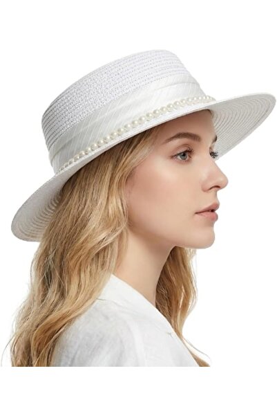 STARSTAR Womens straw sun hat, wide - brimmed, flat - topped, with pearl embe...