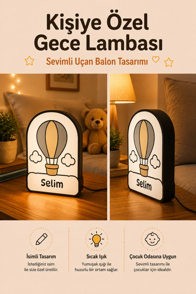 Tovo Craft Kişiye Özel İsimli Uçan Balon Gece Lambası Sıcak Işıklı Çocuk ve B...