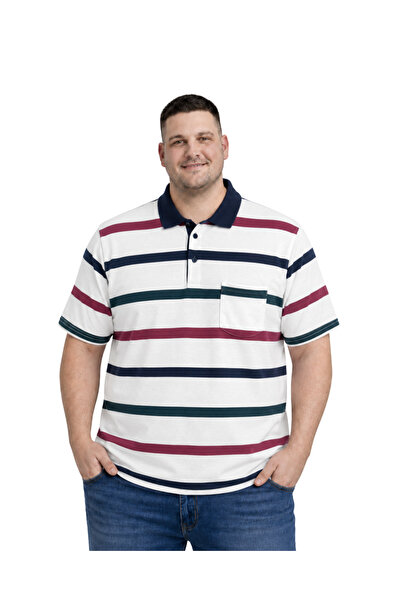 BattalModa Men's Large Size White Pinstripe Pique T-Shirt 3Xl-4Xl-5Xl-6Xl