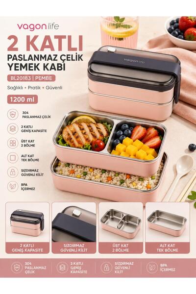 Vagonlife BL20183 Pembe 1200 ml 2 Katlı 3 Bölmeli Paslanmaz Çelik Yemek Kabı ...