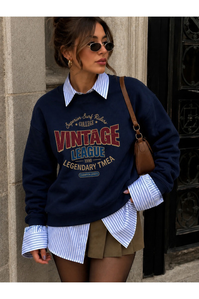 SANTAMİLA Navy Blue Crew Neck Vintage Printed Oversize Sweatshirt