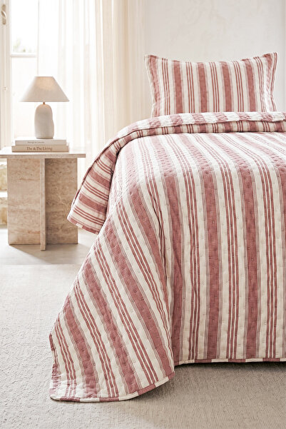Ocean Home Textile Pamuklu Kapitoneli Bordo Renk Çizgi Desen Tek Kişilik Yata...