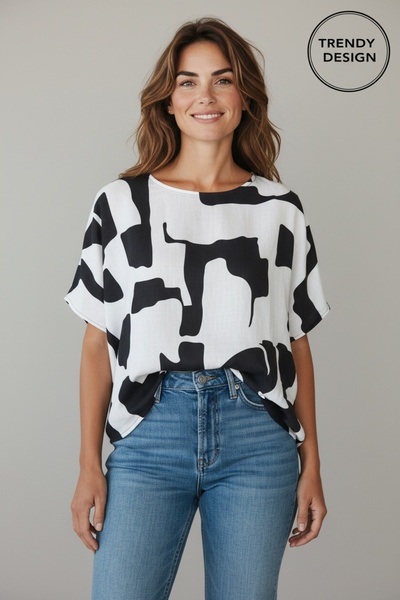 Trendy Design Bluză de Damă Lejeră de Vară – Decolteu Rotund, Mâneci Scurte ș...