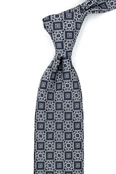 Kravatkolik Gray Motif Pattern Classic Tie with Handkerchief Kk13954