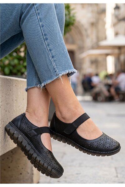 ALFA AKSESUAR 03 Misina Black Genuine Leather Velcro Ballerina Shoes