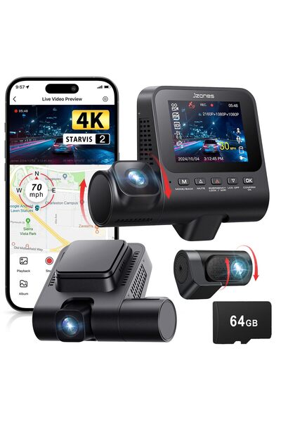 Jzones Camera auto DVR tripla 4K Ultra HD STARVIS 2 Triple Camera, MicroSD 64Gb