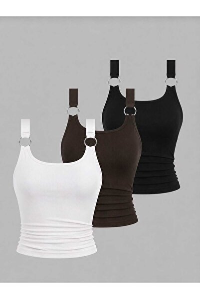 RİEMA Women's Ring Detailed 3-Piece Lycra Basic Ribbed Cotton Blouse