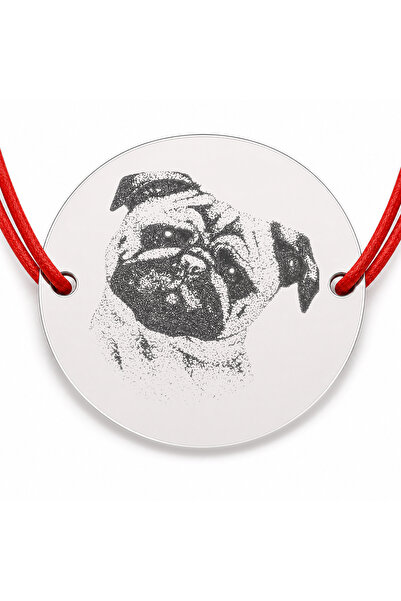 Simoshop Brățară argint 925 cu bănuț portret fotogravat de cățel mops, șnur r...