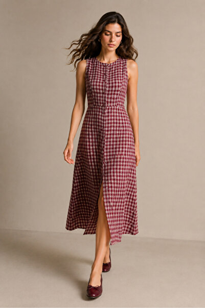 ORYA PLUS Kadın Bordo Ekose Desenli Kolsuz Düğmeli Midi Elbise Günlük Yazlık