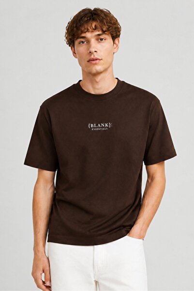 BLANK ESSENTIALS Men Crew Neck Short Sleeve Brand Logo T-Shirt, Chocolate