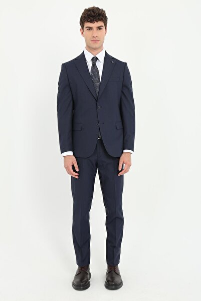 Dufy Erkek Slim Fit Mono Yaka Lacivert Armürlü Takım Elbise