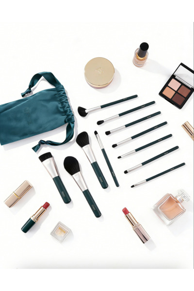 Energy 10 Pcs Dark Green Makeup Brush Set with Storage Pouch, Professional Fu...