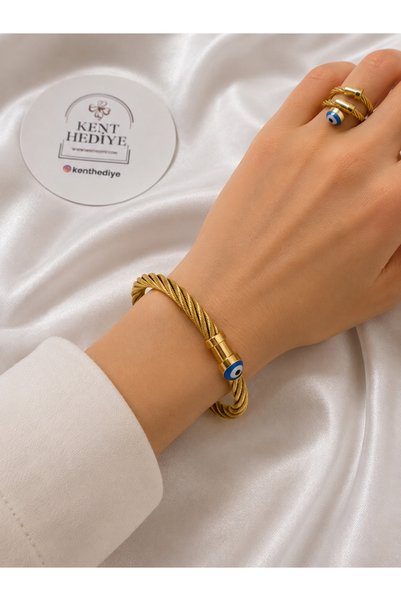 Bymiel Gold Twisted Steel Bracelet and Ring Set – Unisex Jewelry Set with Evi...