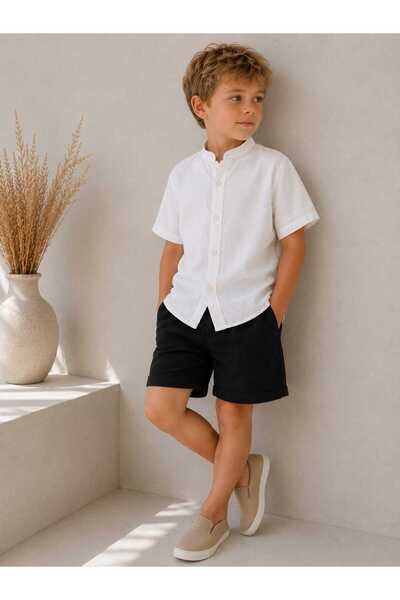 BEBEĞİME ÇORAP Organic Muslin Boys' Short Sleeve Court Collar Bohemian Shirt