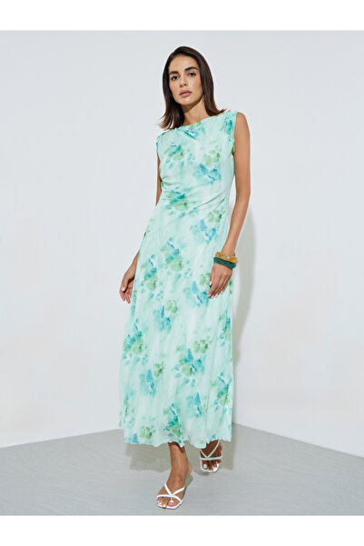 Styli Green Floral Draped A-Line Maxi Dress