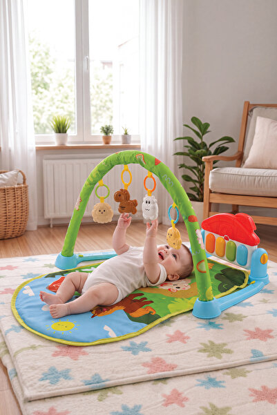 BABYCİM Piyanolu Çiftlik Desenli Bebek Oyun Halısı, Çıngıraklı Aktivite Merkezi