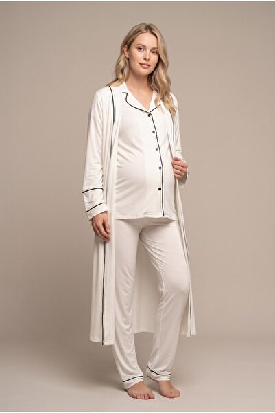 LOHOUSE Women's Ecru Baby Collar Buttoned Front Maternity Pajama Set with Dre...