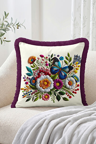 Realhomes Butterfly Figured Colorful Flower and Leaf Embroidery Look Fringed ...