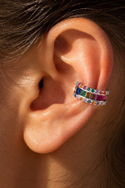 TAKIŞTIR Gümüş Renk Taş Detaylı TX Ear Cuff (Tek)
