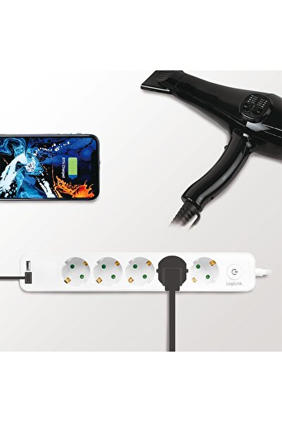 LogiLink Prelungitor 5 prize 2x USB-A 1.5m întrerupător alb 3600W 16A