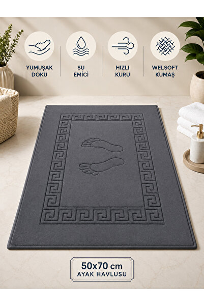 Ayak Havlusu 50x70 cm Welsoft Yumuşak Dokulu Ayak İzi Desenli Yüksek Su Emici Hızlı Kuruyan Banyo Paspası Antrasit