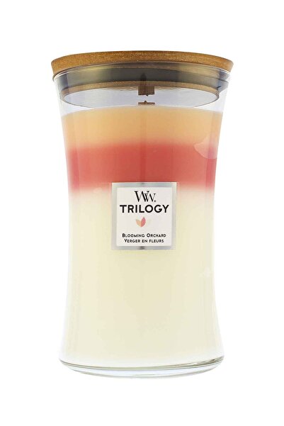 WoodWick Трилогия Цъфтящ овощен град ароматизирана свещ с дървен фитил, 609 г