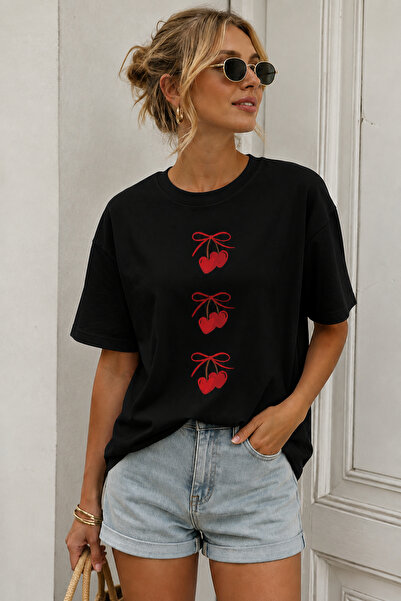 ArtYus Cherry Printed Crew Neck Casual Unisex Oversize T-Shirt - Fruit-Themed...