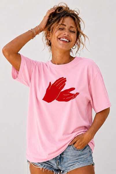 ArtYus Clap Hands Printed Unisex Oversize Beige T-Shirt – Cotton Crew Neck St...