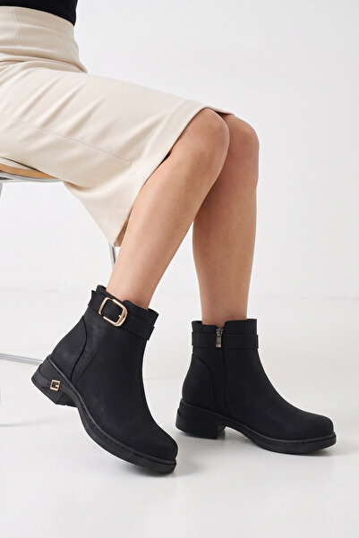 DefHeel'e Γυναικείες μπότες Nubuck με φερμουάρ και λεπτομέρεια αγκράφας, μαύρ...