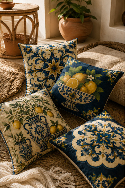 SasoHome Amalfi Blue 4’lü Dekoratif Kırlent Kılıfı Seti | Akdeniz Esintili Limon, Çini ve Botanik Desenli Premium Koleksiyon