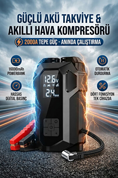 A&A 4'ü 1 Arada Çok Amaçlı Akıllı Akü Takviye Hava Kompresörü ve Powerbank 16...