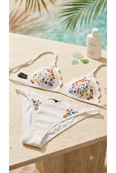 Generic Floral Embroidered Two-Piece Bikini Set, White, Scalloped Trim, Trian...