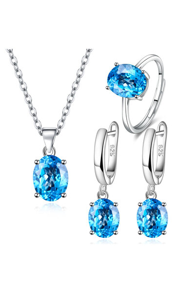 Choice Blue 925 Sterling Silver Jewelry Sets For Women Ellipse Zircon Ring Ne...