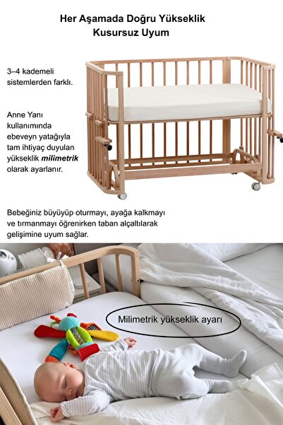 EGEBABY Doğal Ahşap 4in1 Beşik Takım 70 x 110 - Anne Yanı, Karyola, Oyun Parkı, Montessori + Junior Yatak - Beyaz Leaf