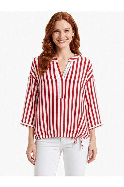 Neden Tekstil Women's Red and White Striped Relaxed Fit Half Placket Blouse