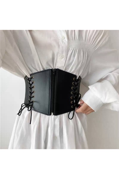 Nevara Luxurious Black Color Front Zipper Side Lace-Up Design Leather Waist C...