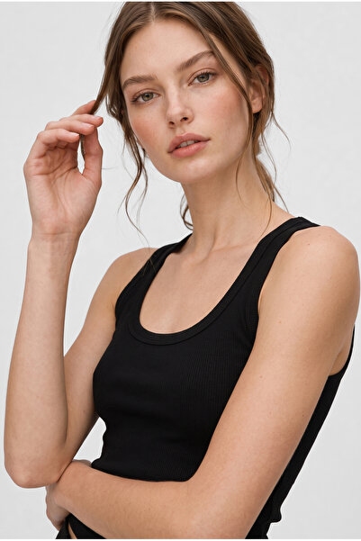 OLYNN Women's 95% Cotton Ribbed Thick Strap Basic Black Blouse Undershirt