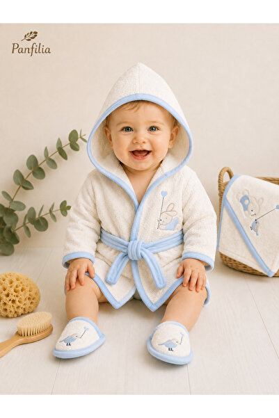 Panfilia 100% Cotton Baby Kids 0-2 Years Old Towel Bathrobe Slippers Set of 4