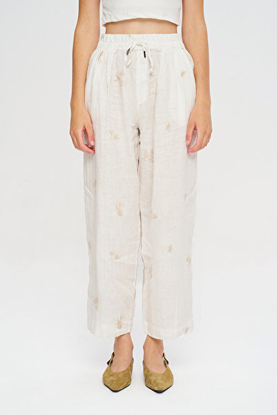 Orfeo Negro Women's Embroidered, Elastic Waist, Flowy 100% Linen Ecru Trousers