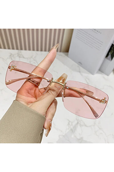Choice C6 Pink QVQV Rimless Diamond Letters Sunglasses Fashion Square Metal S...