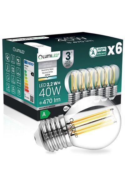 Lumiled 6x Bec LED E27 tip bilă P45 2.2W 470lm = 40W 4000K Neutră 360 °   Fil...