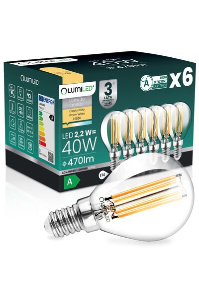 Lumiled 6x Bec LED E14 tip bilă P45 2.2W 470lm = 40W 2700K Cald 360 °   Filam...