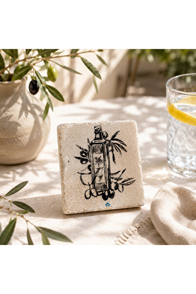 Anadolia Travertine Single Coaster with Olive Oil Patterned Wooden Box