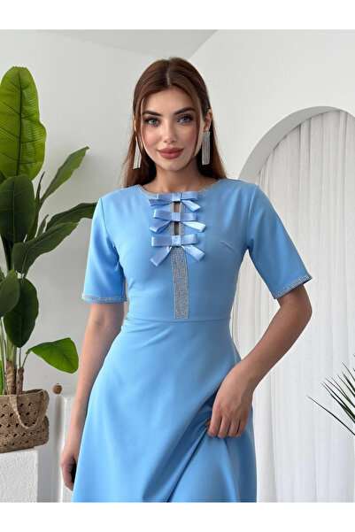 Clothes Fast Γυναικείο Baby Blue Midi Φόρεμα με Πέτρινο Φιόγκο και Κοντό Μανίκι