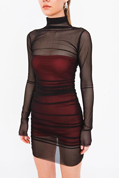 Clothes Fast Rochie mini neagră de damă, din tul transparent, drapată, cu gul...