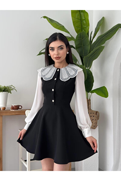 Moda Days Rochie mini neagră de damă, cu guler tip păpușă, cu detaliu din dan...